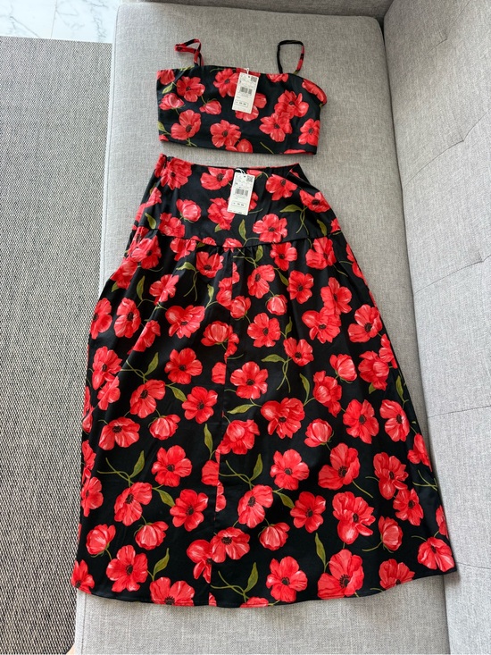 Mango Dresses & Skirts - Mango Black Two-Piece Set with Red Floral Pattern